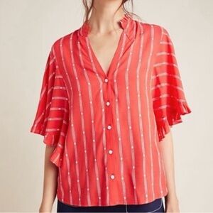 Anthropologie Red Ruffled Blouse with Mandarin Collar